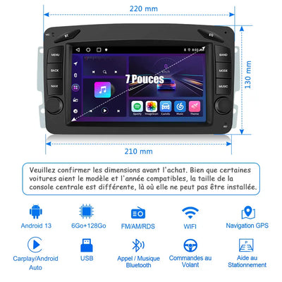 AWESAFE Autoradio 7 pouces Android 13 6+128 Go avec Bluetooth/DSP/GPS/Android Auto & CarPlay sans fil - pour Pour Mercedes-Benz Clase C W203/S203 & Clase CLK W209/C209 AWESAFE
