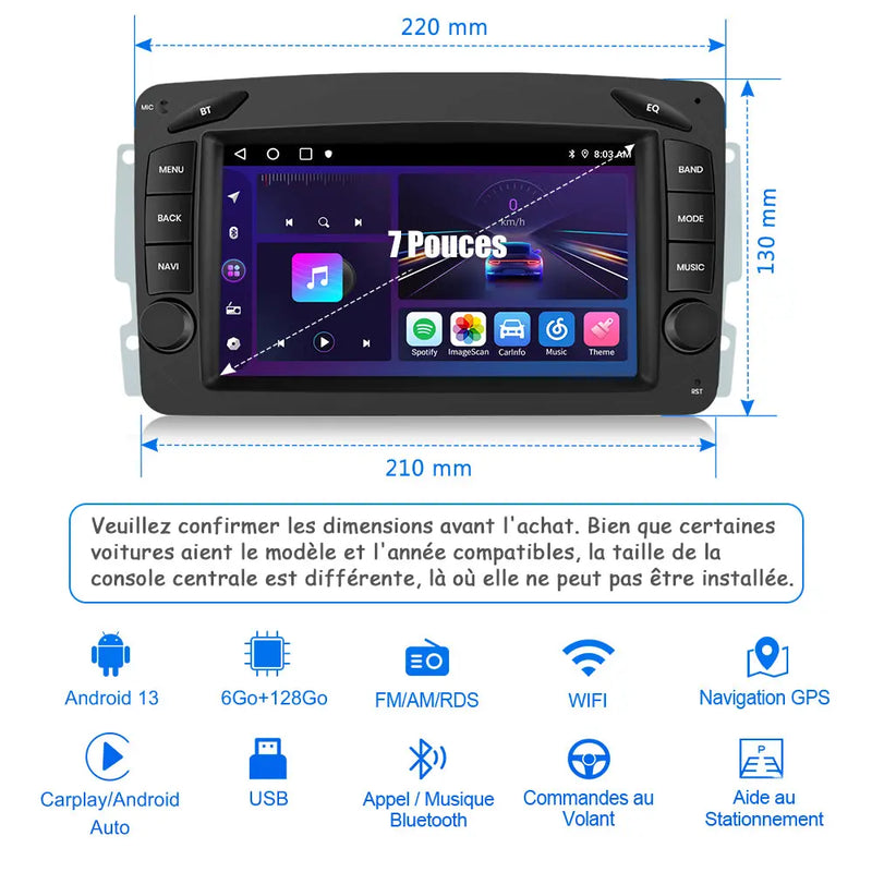 AWESAFE Autoradio 7 pouces Android 13 6+128 Go avec Bluetooth/DSP/GPS/Android Auto & CarPlay sans fil - pour Pour Mercedes-Benz Clase C W203/S203 & Clase CLK W209/C209 AWESAFE