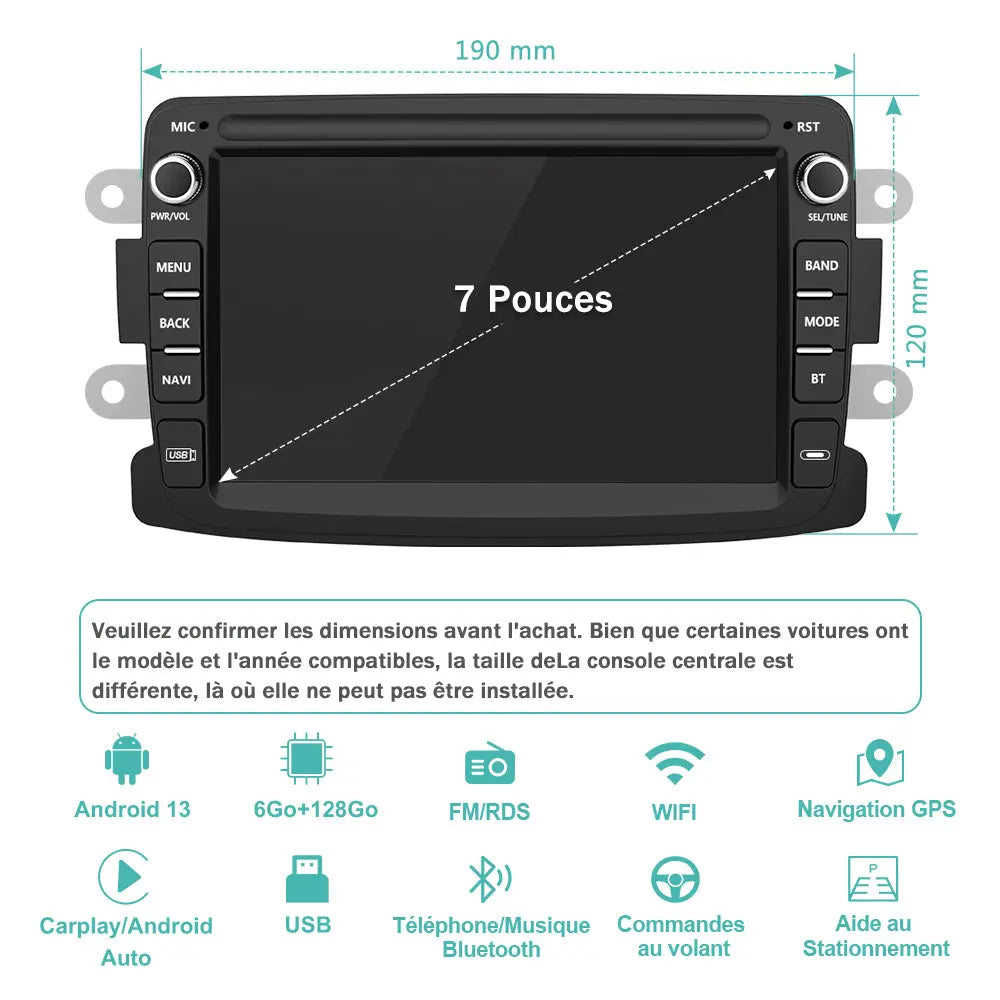 AWESAFE Autoradio 7 pouces Android 13 6+128 Go avec Bluetooth/DSP/GPS/Android Auto & CarPlay sans fil - pour Renault Duster/Lodgy/Sandero/Captur/Logan/Symbol/Dokker AWESAFE