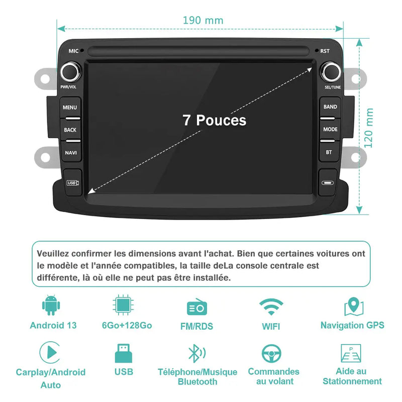 AWESAFE Autoradio 7 pouces Android 13 6+128 Go avec Bluetooth/DSP/GPS/Android Auto & CarPlay sans fil - pour Renault Duster/Lodgy/Sandero/Captur/Logan/Symbol/Dokker AWESAFE