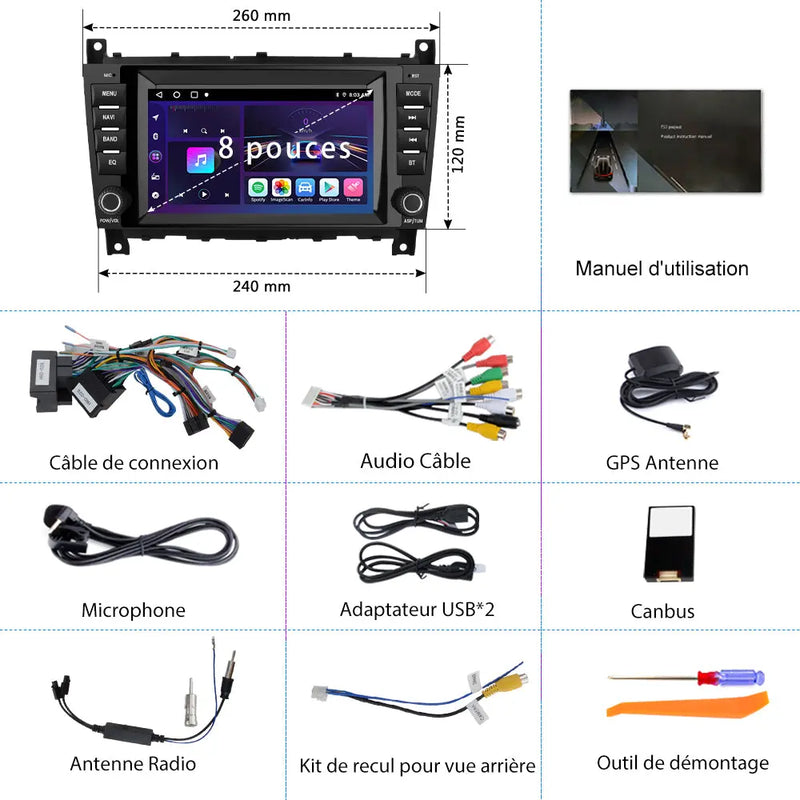 AWESAFE Autoradio 8 pouces Android 13 6+128 Go avec Bluetooth/GPS/Android Auto & CarPlay sans fil - pour Mercedes Benz Classe W203/ CLC-Classe W203/CLK-Classe W209 AWESAFE