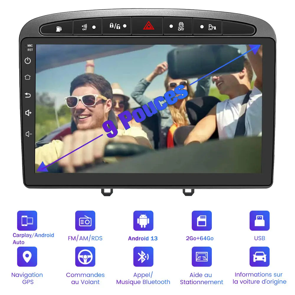 AWESAFE Autoradio 9 pouces Android 13 2+64Go/6+128Go avec Bluetooth/DSP/Andriod Auto & CarPlay sans fil - pour Peugeot 308/408(2007-2013) AWESAFE