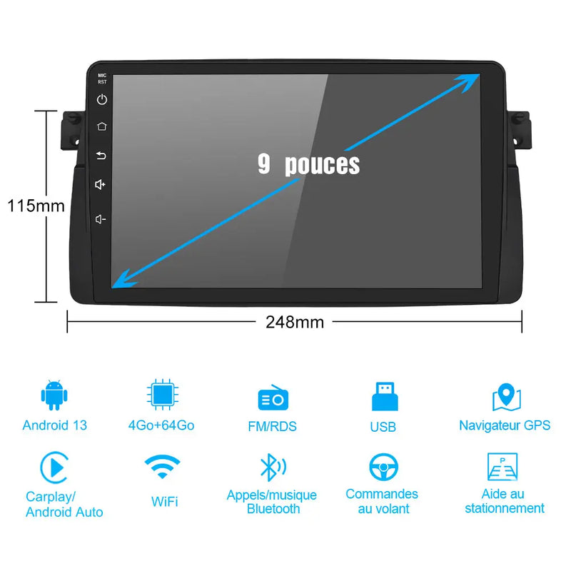 AWESAFE Autoradio 9 pouces Android 13 - 4G 4+64 Go avec Bluetooth/DSP - Android Auto & CarPlay sans fil - pour BMW E46, Rover 75, MG ZT AWESAFE