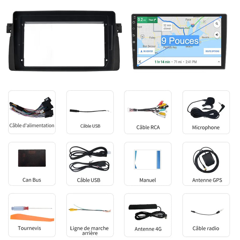 AWESAFE Autoradio 9 pouces Android 13 - 4G 4+64 Go avec Bluetooth/DSP - Android Auto & CarPlay sans fil - pour BMW E46, Rover 75, MG ZT AWESAFE