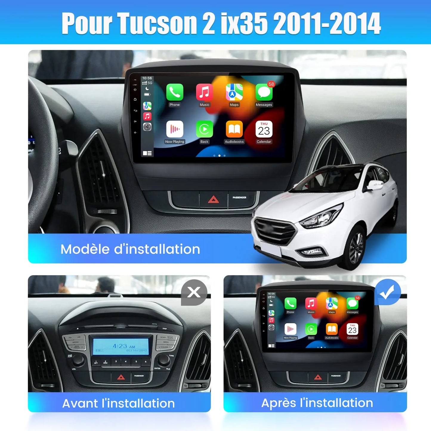 AWESAFE Autoradio 9 pouces Android 13 - 4G 4+64 Go avec Bluetooth/DSP/GPS - Android Auto & CarPlay sans fil - pour Hyundai Tucson 2  ix35（2011-2014） AWESAFE