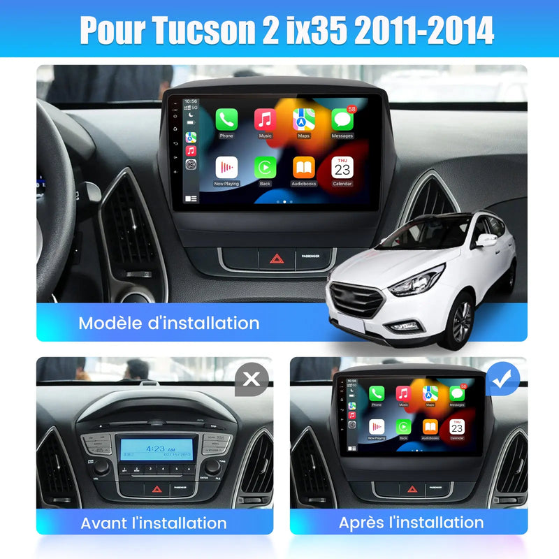 AWESAFE Autoradio 9 pouces Android 13 - 4G 4+64 Go avec Bluetooth/DSP/GPS - Android Auto & CarPlay sans fil - pour Hyundai Tucson 2  ix35（2011-2014） AWESAFE