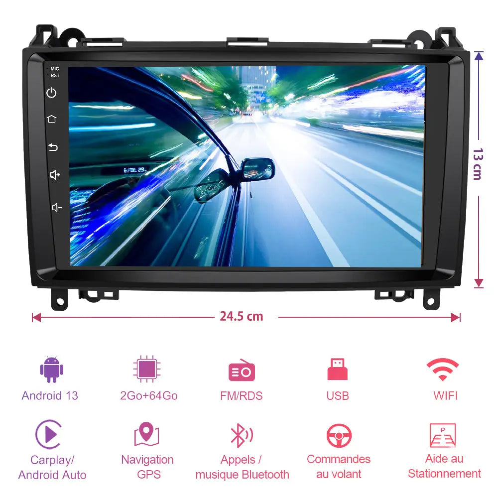 AWESAFE Autoradio Android 12 - 9 pouces, 2 Go + 64 Go, Caméra Recul pour Mercedes Sprinter/Classe A/Classe B/Classe V, Bluetooth, GPS, DSP, Android Auto et Carplay sans fil AWESAFE