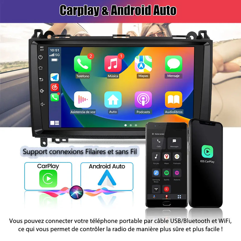 AWESAFE Autoradio Android 12 - 9 pouces, 2 Go + 64 Go, Caméra Recul pour Mercedes Sprinter/Classe A/Classe B/Classe V, Bluetooth, GPS, DSP, Android Auto et Carplay sans fil AWESAFE