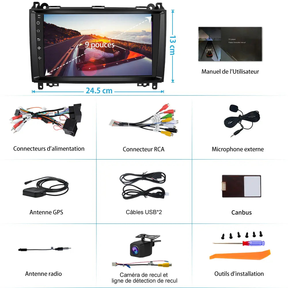 AWESAFE Autoradio Android 12 - 9 pouces, 2 Go + 64 Go, Caméra Recul pour Mercedes Sprinter/Classe A/Classe B/Classe V, Bluetooth, GPS, DSP, Android Auto et Carplay sans fil AWESAFE