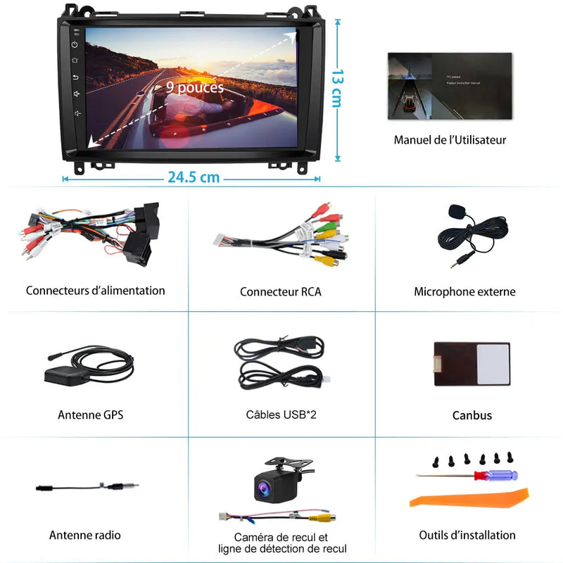 AWESAFE Autoradio Android 12 - 9 pouces, 2 Go + 64 Go, Caméra Recul pour Mercedes Sprinter/Classe A/Classe B/Classe V, Bluetooth, GPS, DSP, Android Auto et Carplay sans fil AWESAFE