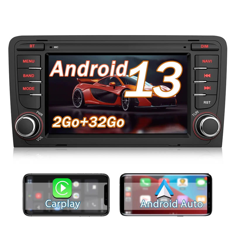 AWESAFE Autoradio Android 12 pour Audi A3 S3 RS3 8P (2003-2012) (2Go + 32 Go) avec Carplay Android Auto 7 Pouces GPS WiFi USB SD Bluetooth Commande au Volant(sans Lecteur CD) AWESAFE