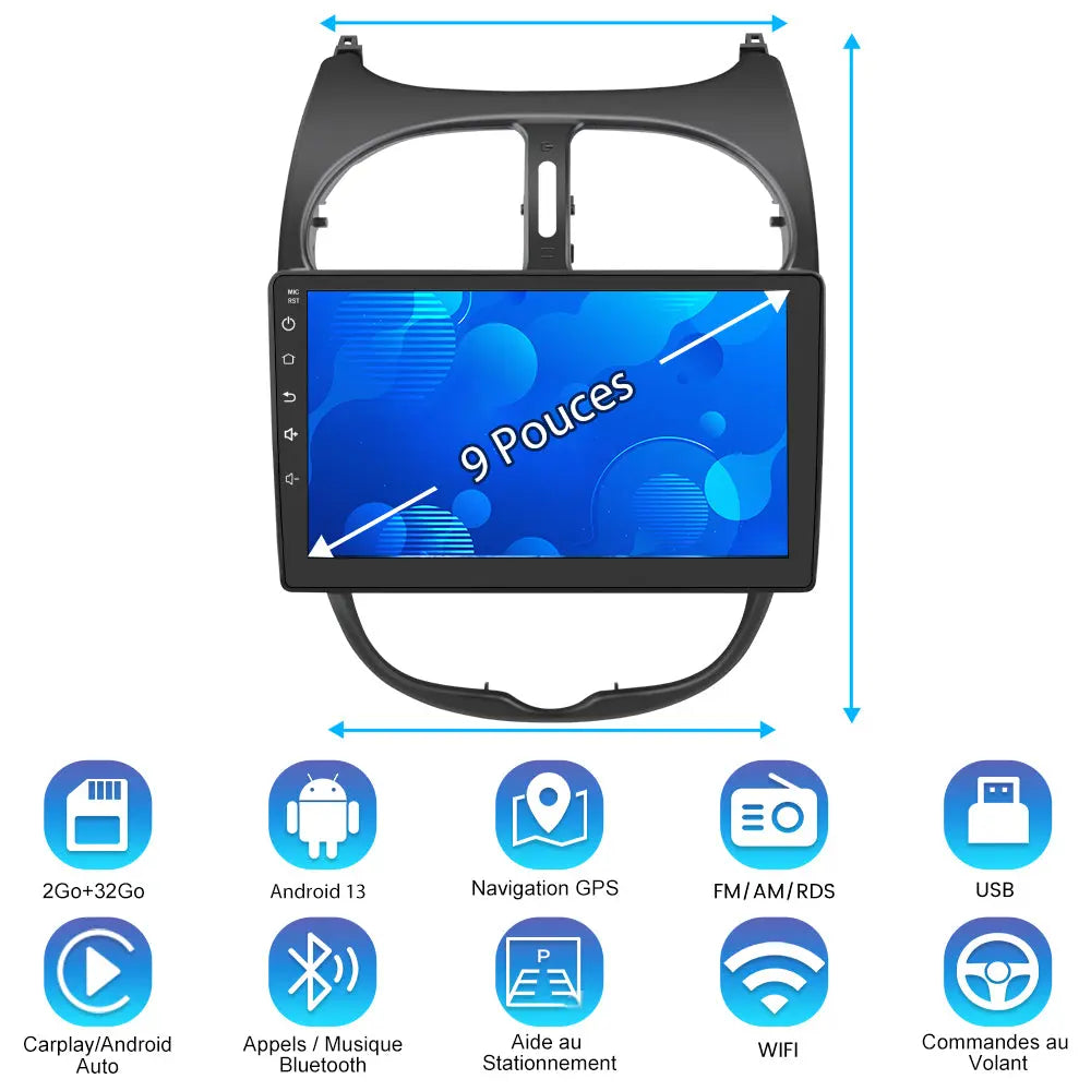 AWESAFE Autoradio Android 13 10 Pouces pour Peugeot 206 2002-2010, GPS Navigation, 2+32Go, Mirror Link, FM, Bluetooth, USB, WIFI, Carplay Android Auto, Aide Stationnement, Commandes Volant AWESAFE