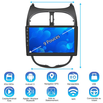 AWESAFE Autoradio Android 13 10 Pouces pour Peugeot 206 2002-2010, GPS Navigation, 2+32Go, Mirror Link, FM, Bluetooth, USB, WIFI, Carplay Android Auto, Aide Stationnement, Commandes Volant AWESAFE