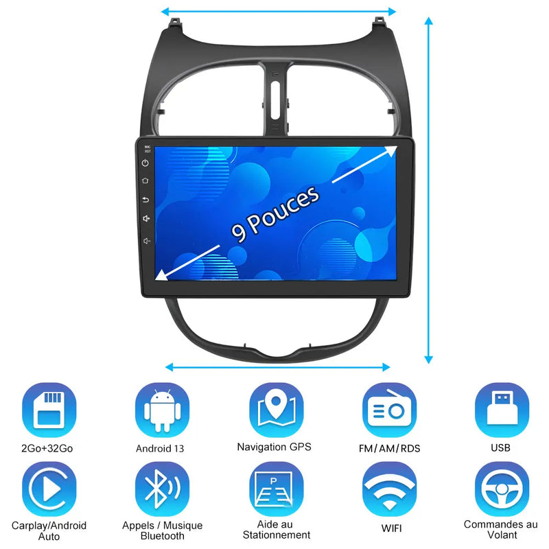 AWESAFE Autoradio Android 13 10 Pouces pour Peugeot 206 2002-2010, GPS Navigation, 2+32Go, Mirror Link, FM, Bluetooth, USB, WIFI, Carplay Android Auto, Aide Stationnement, Commandes Volant AWESAFE