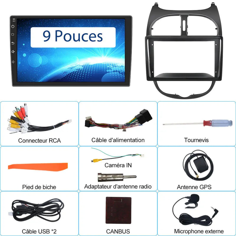 AWESAFE Autoradio Android 13 10 Pouces pour Peugeot 206 2002-2010, GPS Navigation, 2+32Go, Mirror Link, FM, Bluetooth, USB, WIFI, Carplay Android Auto, Aide Stationnement, Commandes Volant AWESAFE