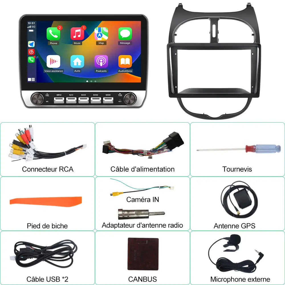 AWESAFE Autoradio Android 13 10,1 pouces tactile 2+64 Go double rotatif pour Peugeot 206/206cc 2002-2010 avec Bluetooth GPS Android Auto et Carplay sans fil AWESAFE