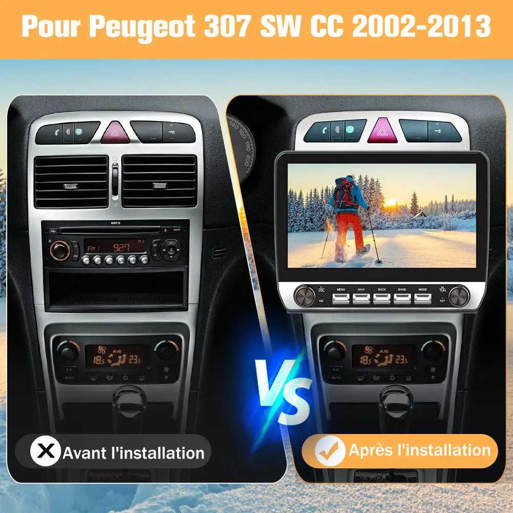 AWESAFE Autoradio Android 13 10,1 pouces tactile 2+64 Go pour Peugeot 307 SW CC 2002-2013 avec Bluetooth GPS Android Auto et Carplay sans fil AWESAFE