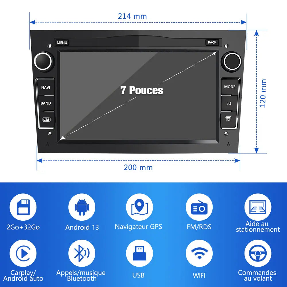 AWESAFE Autoradio Android 13 2 DIN 7" - GPS, CarPlay, DAB+, WiFi, Bluetooth, FM, MirrorLink - pour Opel Vivaro/Vectra/Combo/Corsa/Antara/Sigum/Zafira/Meriva/Astra AWESAFE