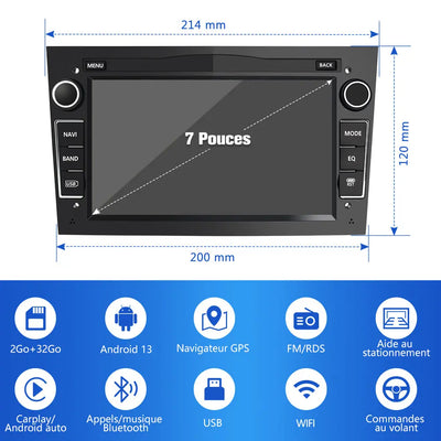 AWESAFE Autoradio Android 13 2 DIN 7" - GPS, CarPlay, DAB+, WiFi, Bluetooth, FM, MirrorLink - pour Opel Vivaro/Vectra/Combo/Corsa/Antara/Sigum/Zafira/Meriva/Astra AWESAFE