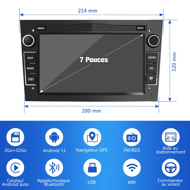 AWESAFE Autoradio Android 13 2 DIN 7" - GPS, CarPlay, DAB+, WiFi, Bluetooth, FM, MirrorLink - pour Opel Vivaro/Vectra/Combo/Corsa/Antara/Sigum/Zafira/Meriva/Astra AWESAFE