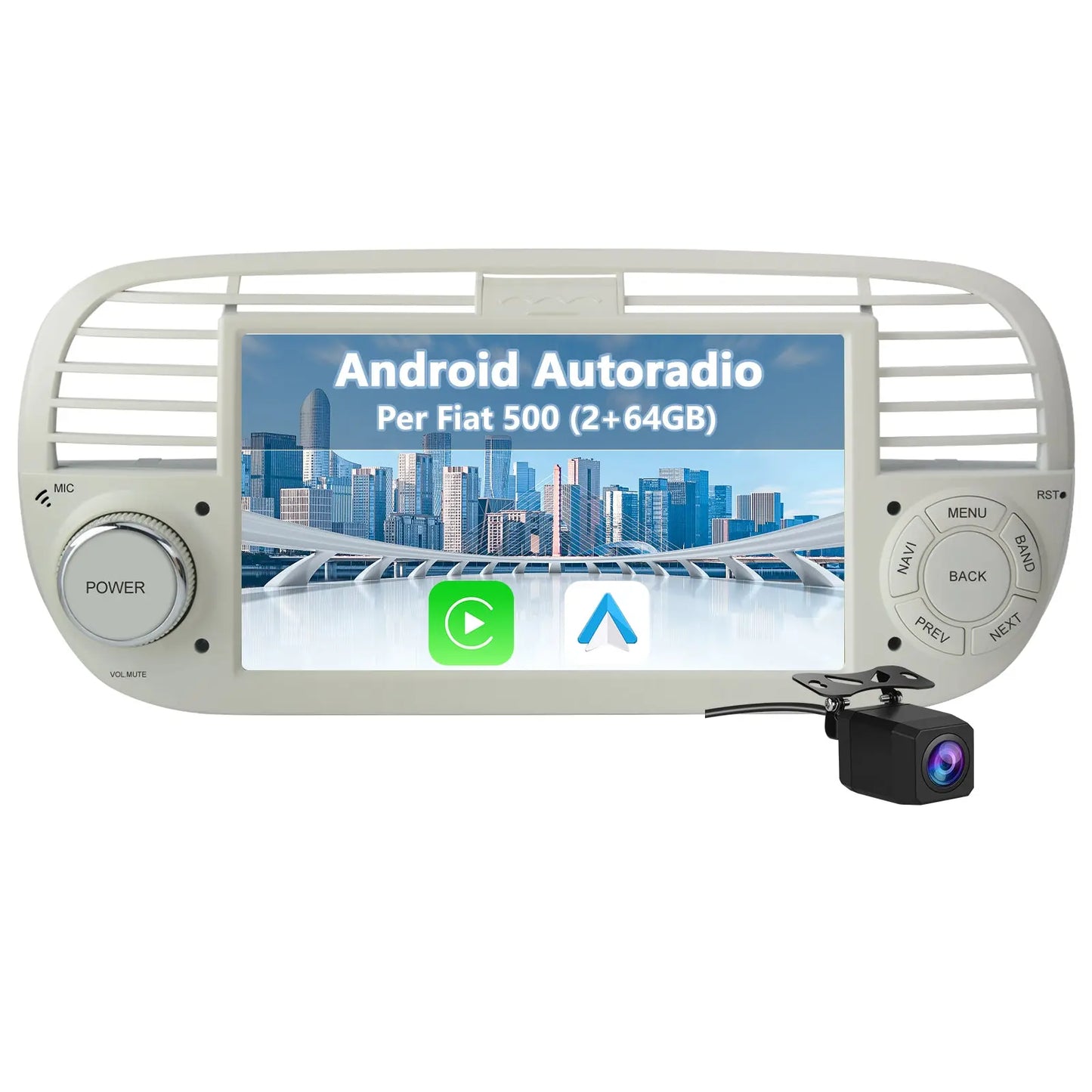 AWESAFE Autoradio Android 13 2+64GB Bianco con Schermo Touchscreen HD 7 Pollici - Per Fiat 500 2007-2015 - Telecamera Posteriore, Bluetooth/Mirror Link con CarPlay Wireless e Android Auto AWESAFE