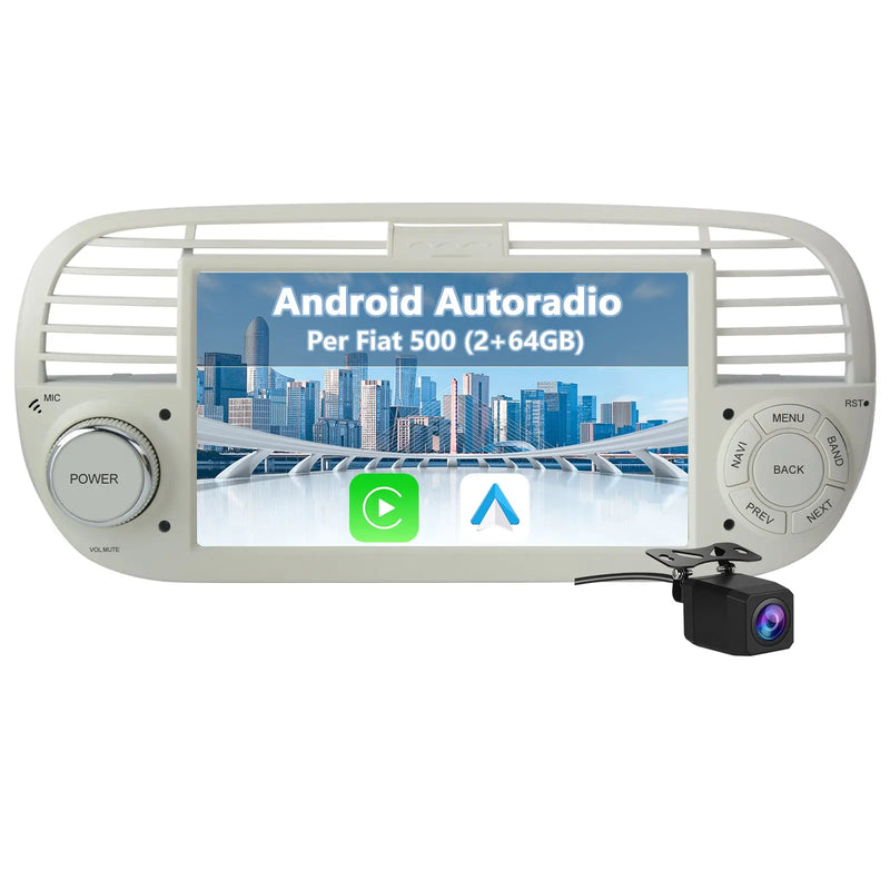 AWESAFE Autoradio Android 13 2+64GB Bianco con Schermo Touchscreen HD 7 Pollici - Per Fiat 500 2007-2015 - Telecamera Posteriore, Bluetooth/Mirror Link con CarPlay Wireless e Android Auto AWESAFE
