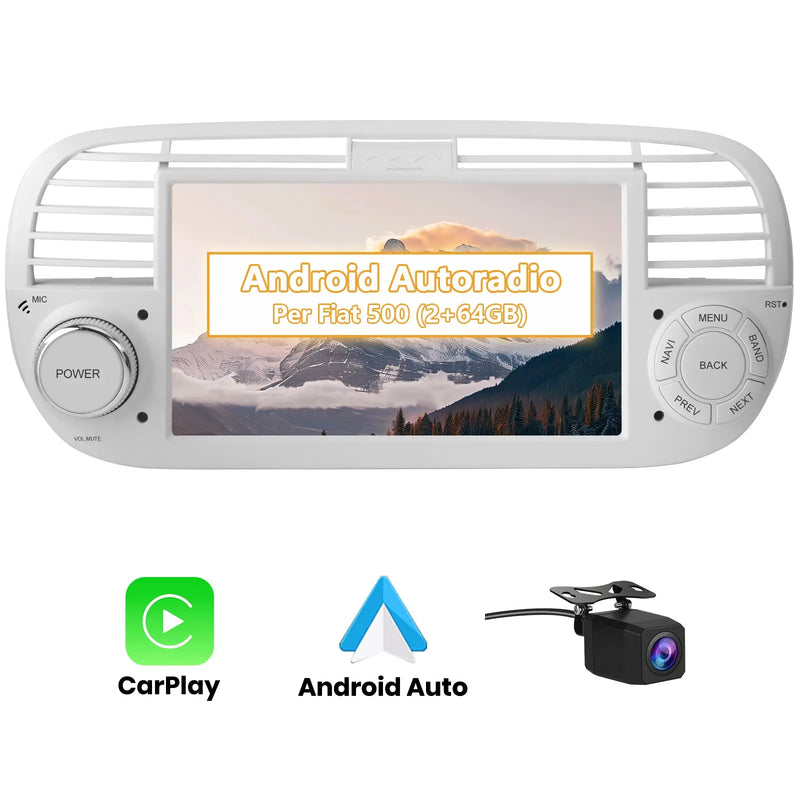 AWESAFE Autoradio Android 13 2+64GB Bianco con Schermo Touchscreen HD 7 Pollici - Per Fiat 500 2007-2015 - Telecamera Posteriore, Bluetooth/Mirror Link con CarPlay Wireless e Android Auto AWESAFE SHOP