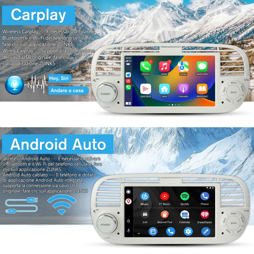 AWESAFE Autoradio Android 13 2+64GB Bianco con Schermo Touchscreen HD 7 Pollici - Per Fiat 500 2007-2015 - Telecamera Posteriore, Bluetooth/Mirror Link con CarPlay Wireless e Android Auto AWESAFE SHOP