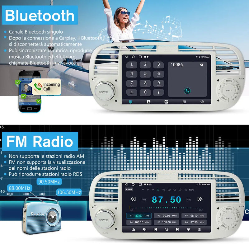 AWESAFE Autoradio Android 13 2+64GB Bianco con Schermo Touchscreen HD 7 Pollici - Per Fiat 500 2007-2015 - Telecamera Posteriore, Bluetooth/Mirror Link con CarPlay Wireless e Android Auto AWESAFE SHOP
