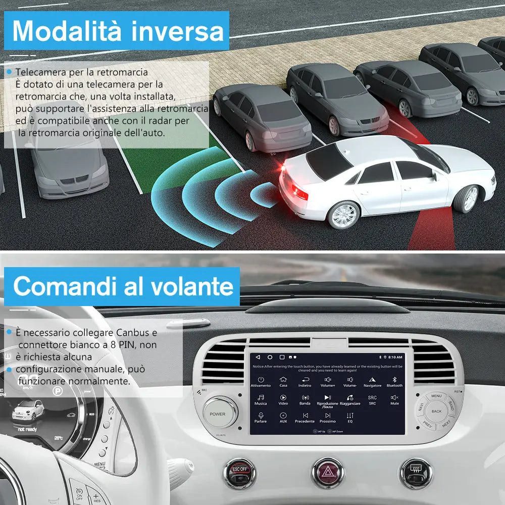 AWESAFE Autoradio Android 13 2+64GB Bianco con Schermo Touchscreen HD 7 Pollici - Per Fiat 500 2007-2015 - Telecamera Posteriore, Bluetooth/Mirror Link con CarPlay Wireless e Android Auto AWESAFE SHOP