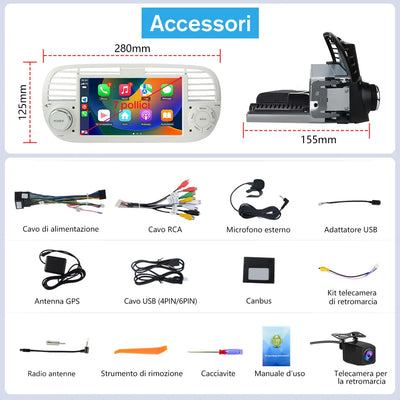 AWESAFE Autoradio Android 13 2+64GB Bianco con Schermo Touchscreen HD 7 Pollici - Per Fiat 500 2007-2015 - Telecamera Posteriore, Bluetooth/Mirror Link con CarPlay Wireless e Android Auto AWESAFE SHOP