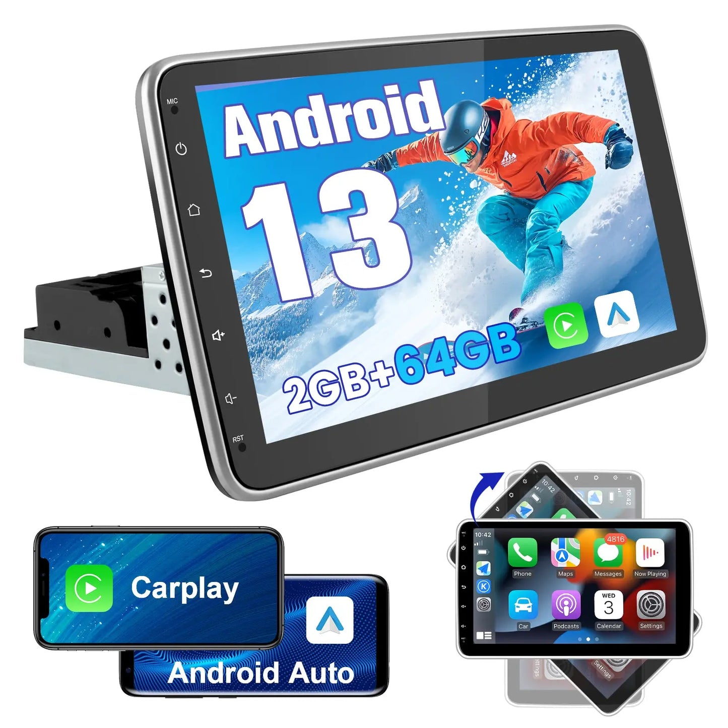 AWESAFE Autoradio Android 13 2+64GB con Schermo Orientabile 10,1 Pollici - Per Auto 1 DIN - FM/Controllo al Volante/DSP/Bluetooth con CarPlay e Android Auto AWESAFE