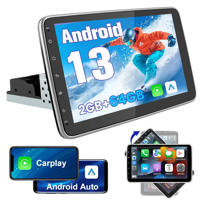 AWESAFE Autoradio Android 13 2+64GB con Schermo Orientabile 10,1 Pollici - Per Auto 1 DIN - FM/Controllo al Volante/DSP/Bluetooth con CarPlay e Android Auto AWESAFE