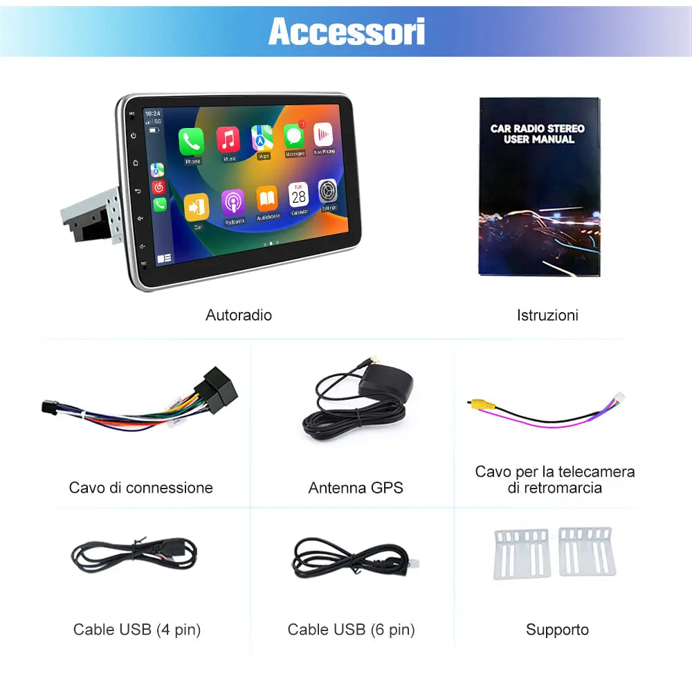 AWESAFE Autoradio Android 13 2+64GB con Schermo Orientabile 10,1 Pollici - Per Auto 1 DIN - FM/Controllo al Volante/DSP/Bluetooth con CarPlay e Android Auto AWESAFE