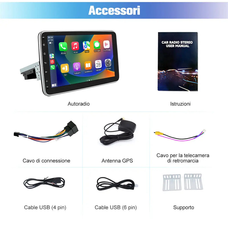 AWESAFE Autoradio Android 13 2+64GB con Schermo Orientabile 10,1 Pollici - Per Auto 1 DIN - FM/Controllo al Volante/DSP/Bluetooth con CarPlay e Android Auto AWESAFE