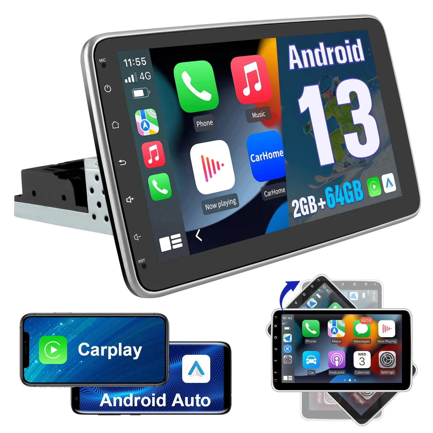 AWESAFE Autoradio Android 13 2+64GB con Schermo Orientabile 10,1 Pollici - Per Auto 1 DIN - FM/Controllo al Volante/DSP/Bluetooth con CarPlay e Android Auto AWESAFE