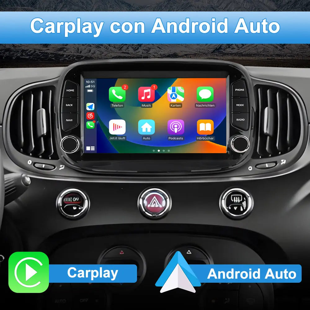 AWESAFE Autoradio Android 13 2+64GB con Schermo Touchscreen HD 7 Pollici - Per Fiat 500 2016-2019 - GPS/Bluetooth/WiFi con CarPlay e Android Auto AWESAFE