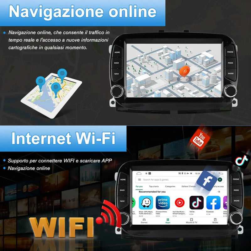 AWESAFE Autoradio Android 13 2+64GB con Schermo Touchscreen HD 7 Pollici - Per Fiat 500 2016-2019 - GPS/Bluetooth/WiFi con CarPlay e Android Auto AWESAFE