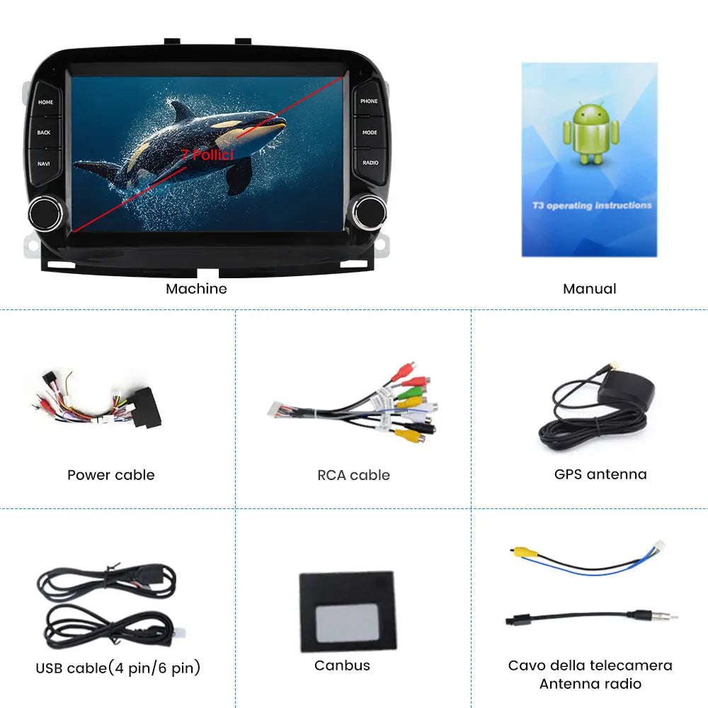 AWESAFE Autoradio Android 13 2+64GB con Schermo Touchscreen HD 7 Pollici - Per Fiat 500 2016-2019 - GPS/Bluetooth/WiFi con CarPlay e Android Auto AWESAFE