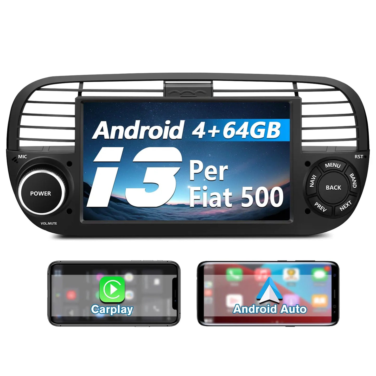 AWESAFE Autoradio Android 13 4+64GB con Schermo Touchscreen 7 Pollici - Per Fiat 500 2007-2015 - Bluetooth, Navigazione GPS, CarPlay e Android Auto AWESAFE