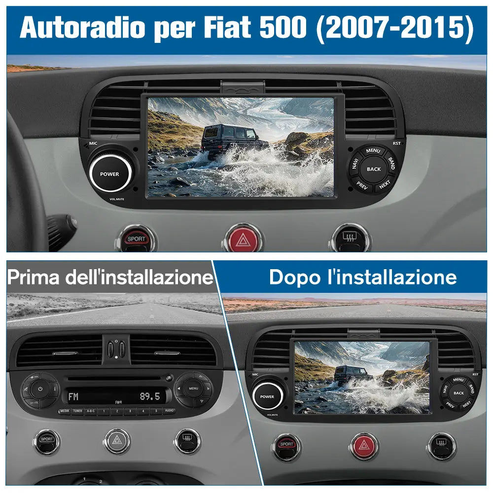 AWESAFE Autoradio Android 13 4+64GB con Schermo Touchscreen 7 Pollici - Per Fiat 500 2007-2015 - Bluetooth, Navigazione GPS, CarPlay e Android Auto AWESAFE