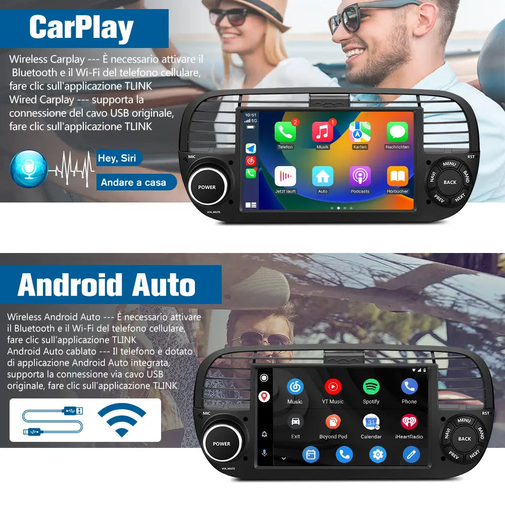 AWESAFE Autoradio Android 13 4+64GB con Schermo Touchscreen 7 Pollici - Per Fiat 500 2007-2015 - Bluetooth, Navigazione GPS, CarPlay e Android Auto AWESAFE