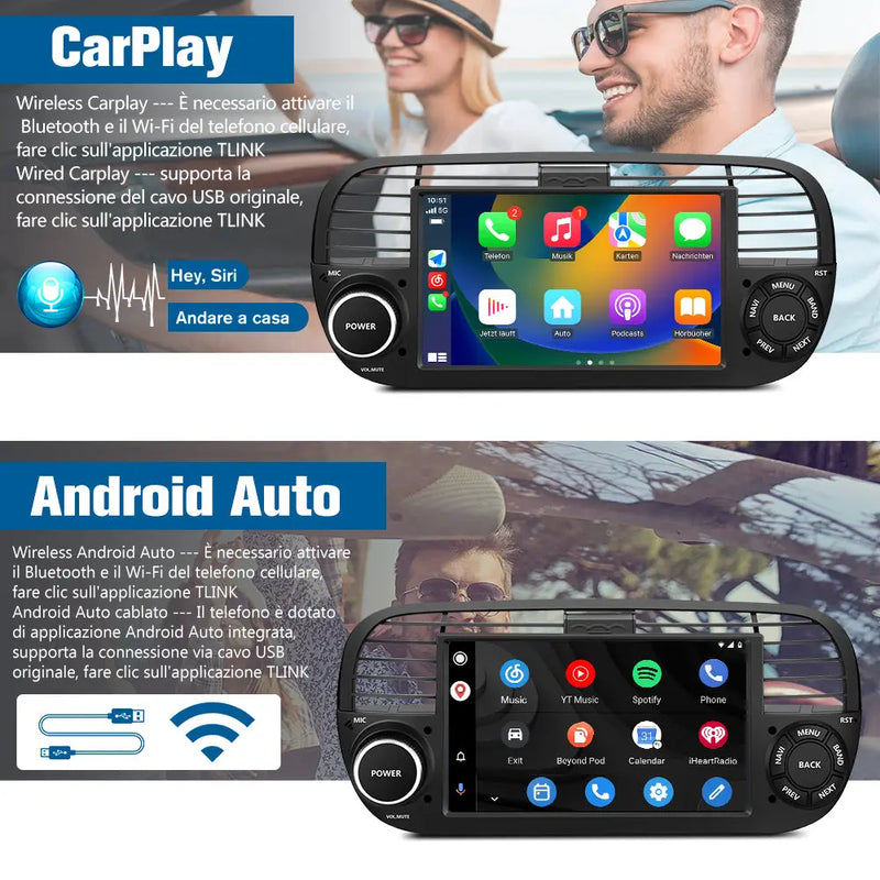 AWESAFE Autoradio Android 13 4+64GB con Schermo Touchscreen 7 Pollici - Per Fiat 500 2007-2015 - Bluetooth, Navigazione GPS, CarPlay e Android Auto AWESAFE