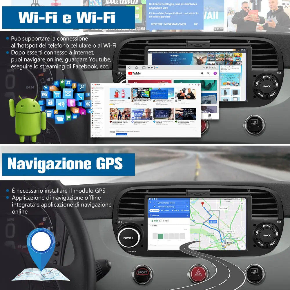 AWESAFE Autoradio Android 13 4+64GB con Schermo Touchscreen 7 Pollici - Per Fiat 500 2007-2015 - Bluetooth, Navigazione GPS, CarPlay e Android Auto AWESAFE