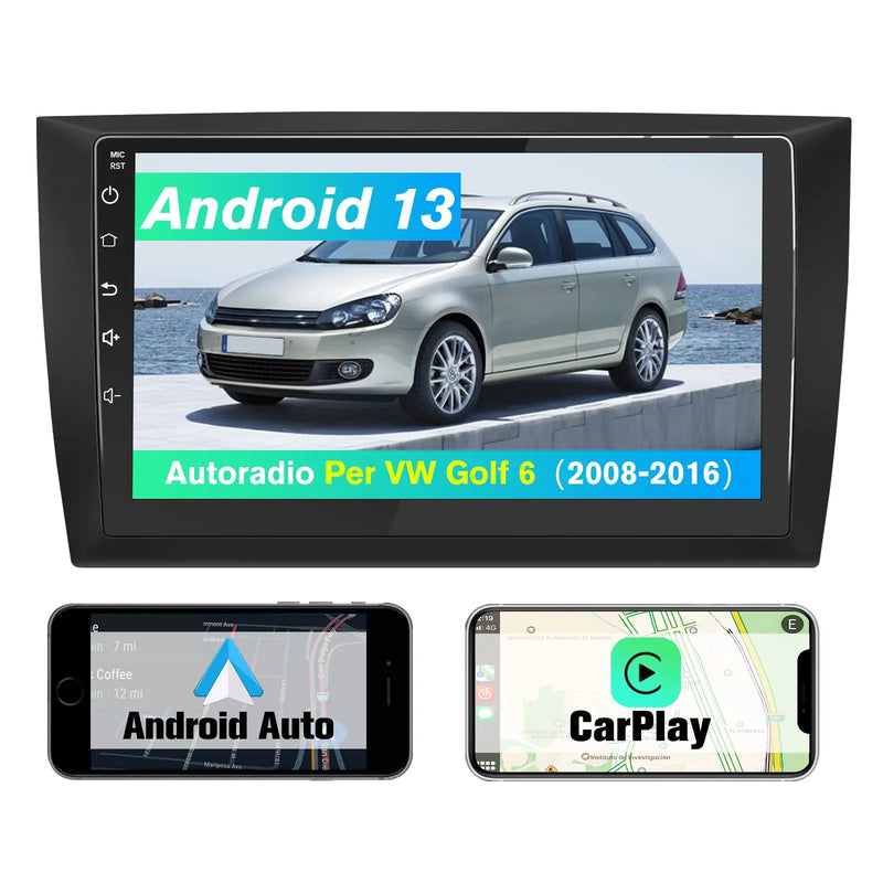 AWESAFE Autoradio Android 13 6+128GB con Schermo Touchscreen HD 9 Pollici - Per VW Golf 6 2008-2016 - GPS/Bluetooth/WiFi/4G con CarPlay e Android Auto AWESAFE