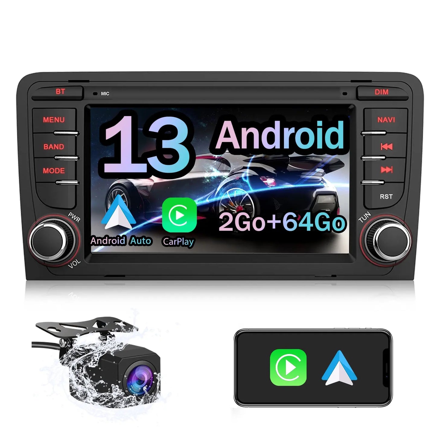 AWESAFE Autoradio Android 13 7 pouces 2 Go + 64 Go avec Caméra Recul pour Audi A3/S3/RS3 2006-2012, Bluetooth, GPS, Android Auto et Carplay sans fil AWESAFE