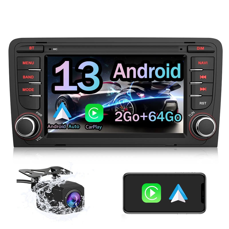 AWESAFE Autoradio Android 13 7 pouces 2 Go + 64 Go avec Caméra Recul pour Audi A3/S3/RS3 2006-2012, Bluetooth, GPS, Android Auto et Carplay sans fil AWESAFE