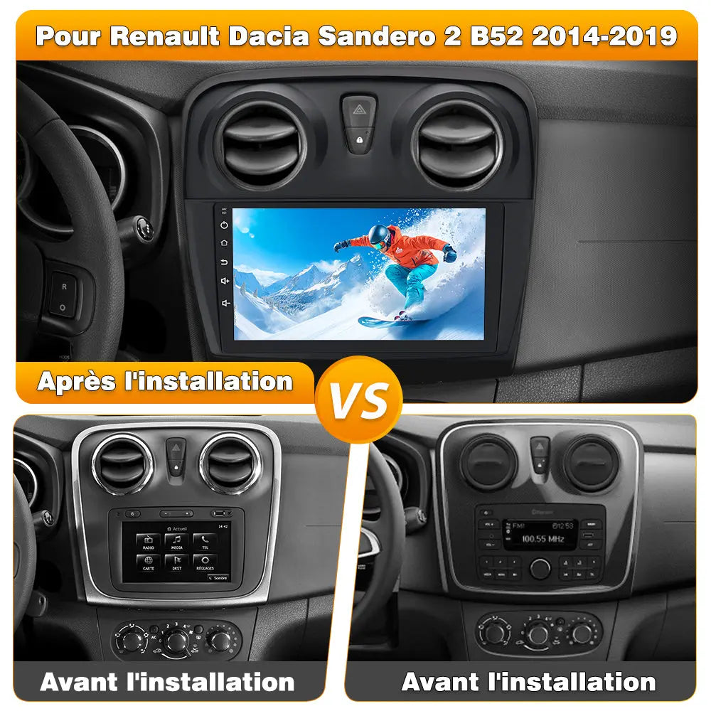 AWESAFE Autoradio Android 13 9 Pouces pour Renault Dacia Sandero 2 B52 (2014-2019), GPS Navigation, 2+64Go, Mirror Link, FM, Bluetooth, USB, WIFI, Carplay Android Auto, Aide Stationnement, Commandes Volant AWESAFE