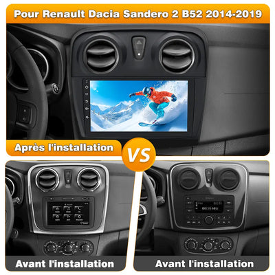 AWESAFE Autoradio Android 13 9 Pouces pour Renault Dacia Sandero 2 B52 (2014-2019), GPS Navigation, 2+64Go, Mirror Link, FM, Bluetooth, USB, WIFI, Carplay Android Auto, Aide Stationnement, Commandes Volant AWESAFE