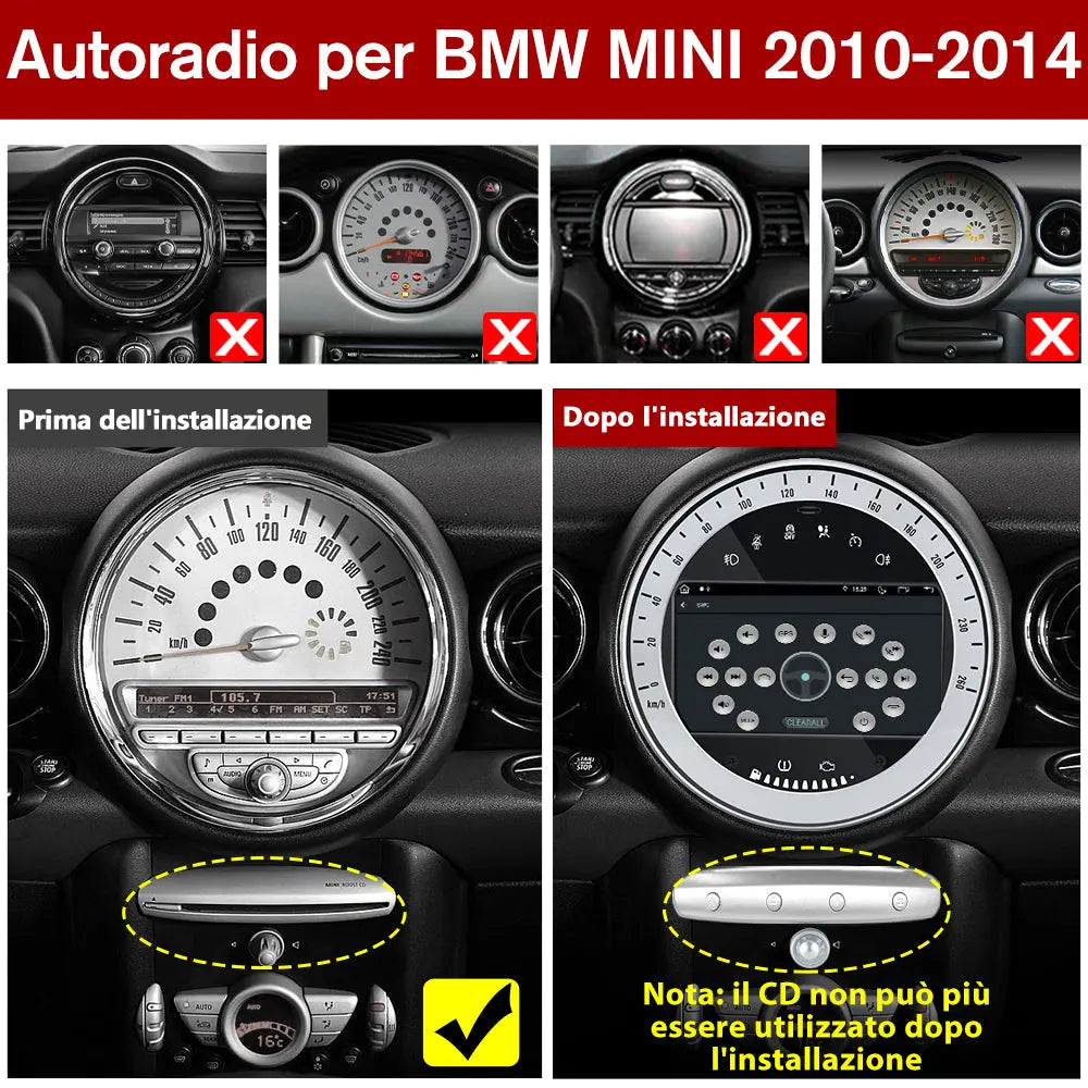 AWESAFE Autoradio Android 13 Chip Qualcomm con Schermo Touchscreen - Per BMW MINI R60 2010-2014 - Bluetooth/FM/4G/CarPlay Wireless e Android Auto - 2+32GB Design Argento AWESAFE